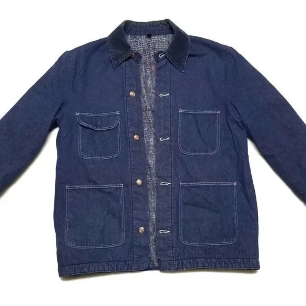 70s Vintage Wrangler Distressed Denim Corduroy Big Ben Bluebell Chore Jacket - Picture 2 of 13